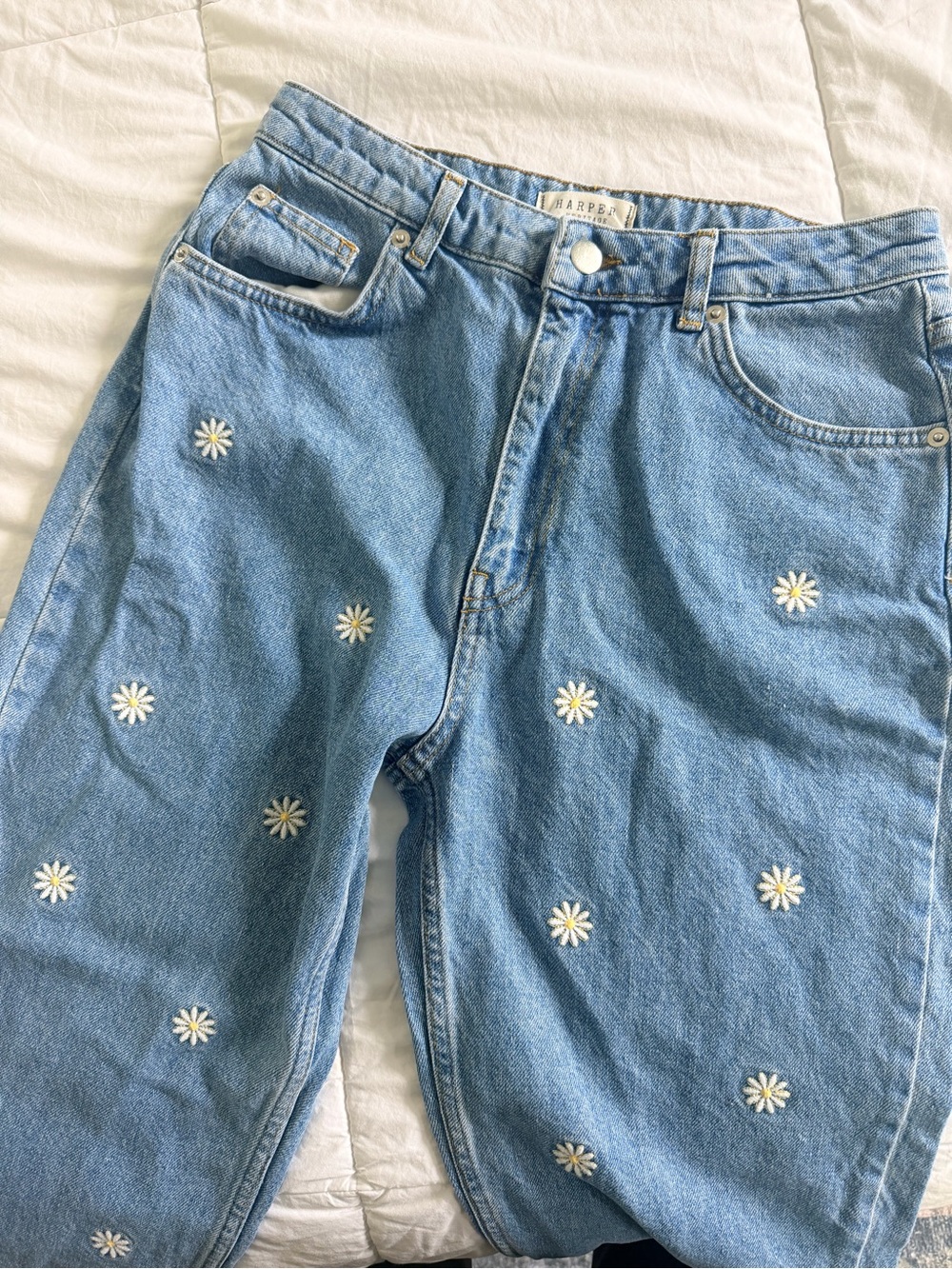 Harper Light Blue Jeans with White Daisy Embroidery